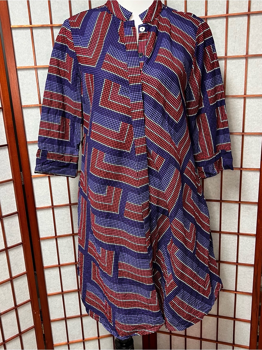 ZURI Geometric Purple and Red Button-Front Dress